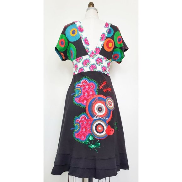 Desigual Womens JOHANNA Cotton Jersey Dress Colorful Print  Embroidered Ants M - Picture 10 of 13